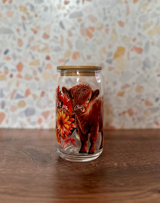 Fall Florals & Highland Cow Glass Tumbler