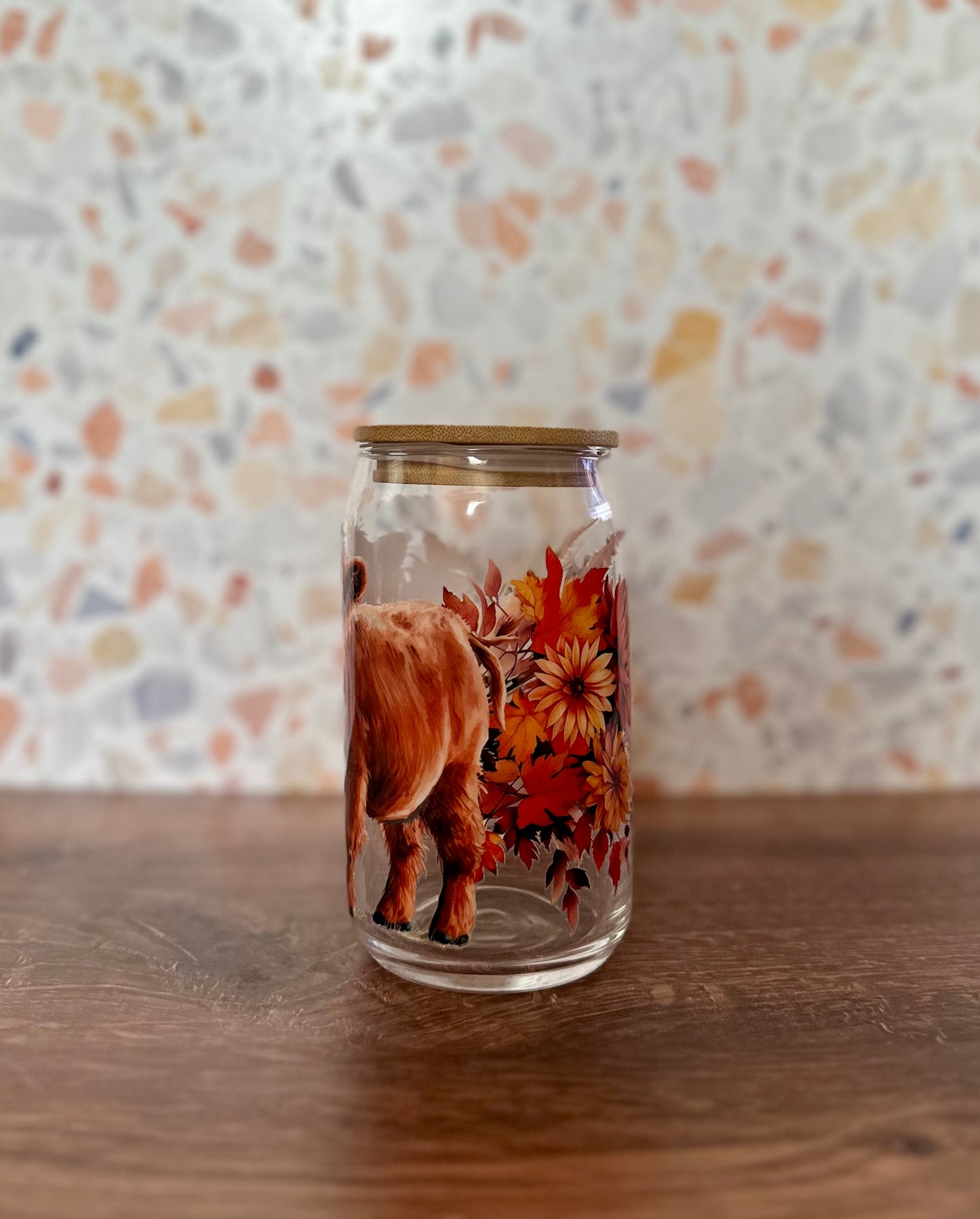 Fall Florals & Highland Cow Glass Tumbler