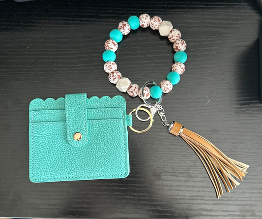 Turquoise & Cow Print Wallet & Keyring Set