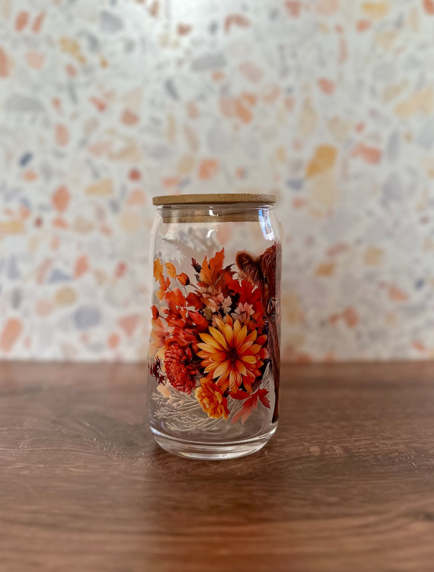 Fall Florals & Highland Cow Glass Tumbler