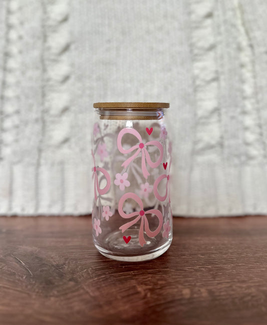 Pink Bows & Hearts Glass Tumbler